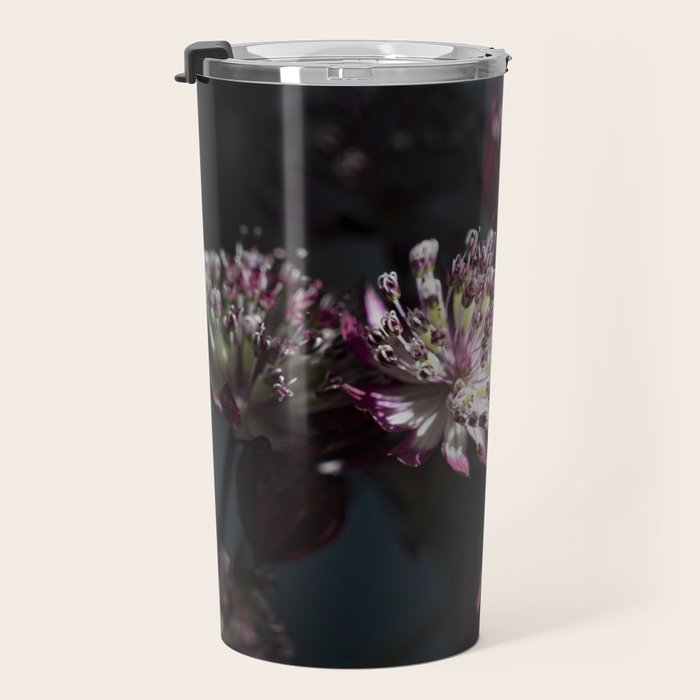 Full moon forest - still life dark astrantia major flowers - deep purple fall nature photography. Travel Mug Gallery Image 3