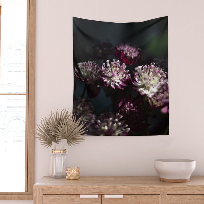 Full moon forest - still life dark astrantia major flowers - deep purple fall nature photography. Wall Tapestry Gallery Image 2