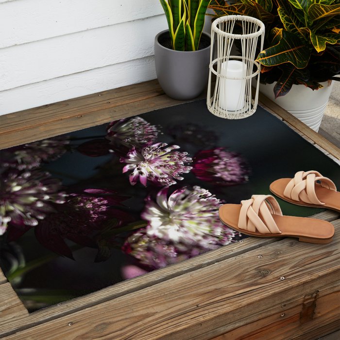 Full moon forest - still life dark astrantia major flowers - deep purple fall nature photography. Outdoor Rug Gallery Image 2