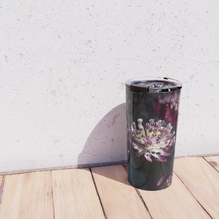 Full moon forest - still life dark astrantia major flowers - deep purple fall nature photography. Travel Mug Gallery Image 4