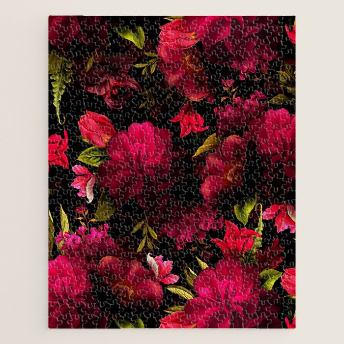 Vintage & Shabby Chic - Dark Red Antique Night Roses Botanical Garden Jigsaw Puzzle Gallery Image 1