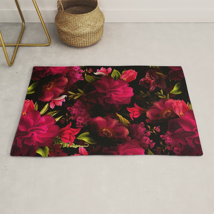 Vintage & Shabby Chic - Dark Red Antique Night Roses Botanical Garden Rug Gallery Image 1