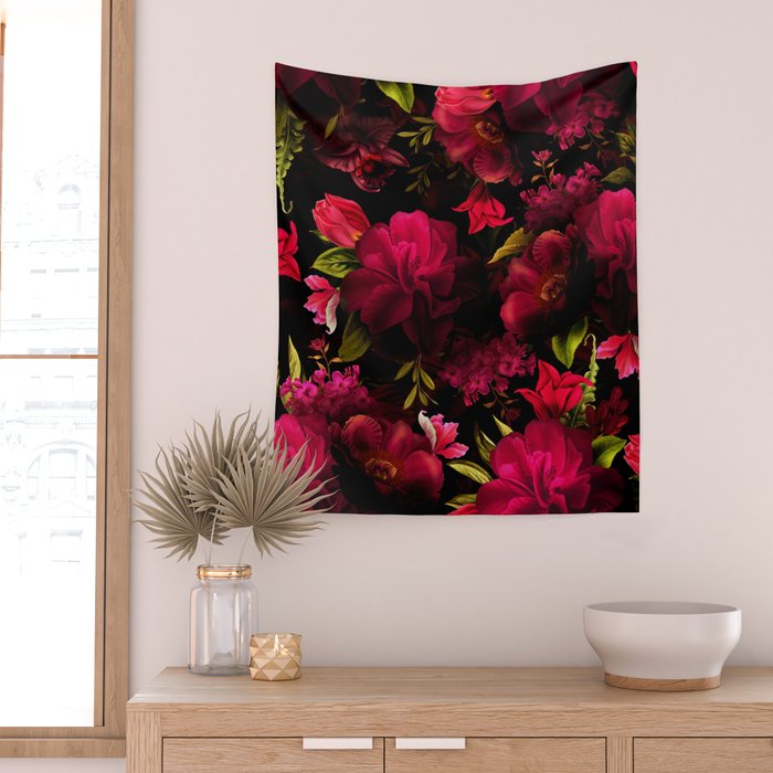 Vintage & Shabby Chic - Dark Red Antique Night Roses Botanical Garden Wall Tapestry Gallery Image 2