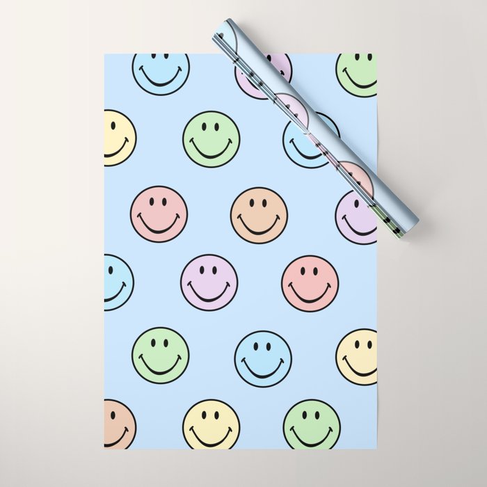 Pastel Blue Colorful Smiley Faces Wrapping Paper Gallery Image 1