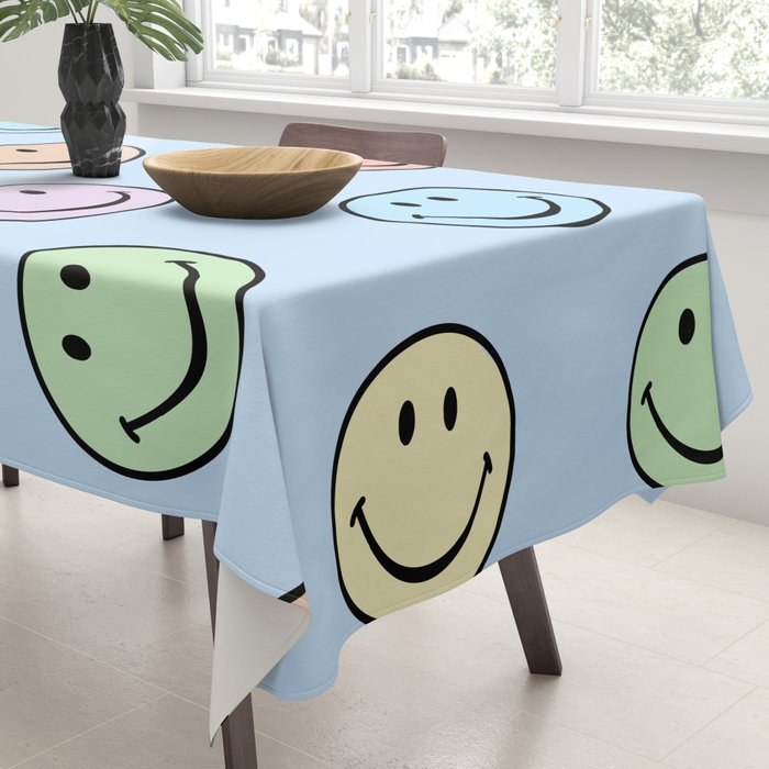 Pastel Blue Colorful Smiley Faces Tablecloth Gallery Image 3