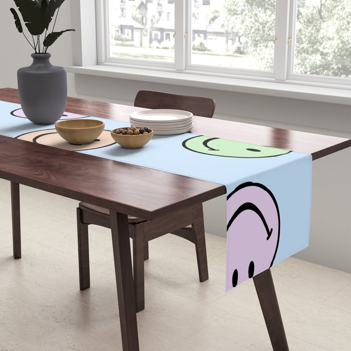 Pastel Blue Colorful Smiley Faces Table Runner Gallery Image 2