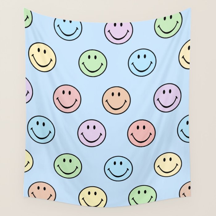 Pastel Blue Colorful Smiley Faces Wall Tapestry Gallery Image 4