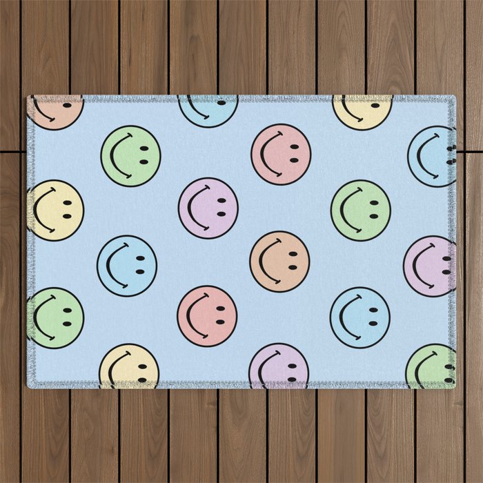 Pastel Blue Colorful Smiley Faces Outdoor Rug Gallery Image 1