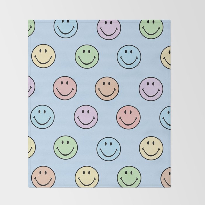 Pastel Blue Colorful Smiley Faces Throw Blanket Gallery Image 2