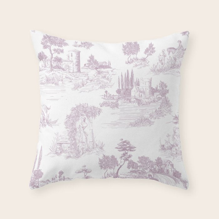 Toile de Jouy Vintage French Soft Lilac Blush Pastoral Pattern Throw Pillow Gallery Image 1