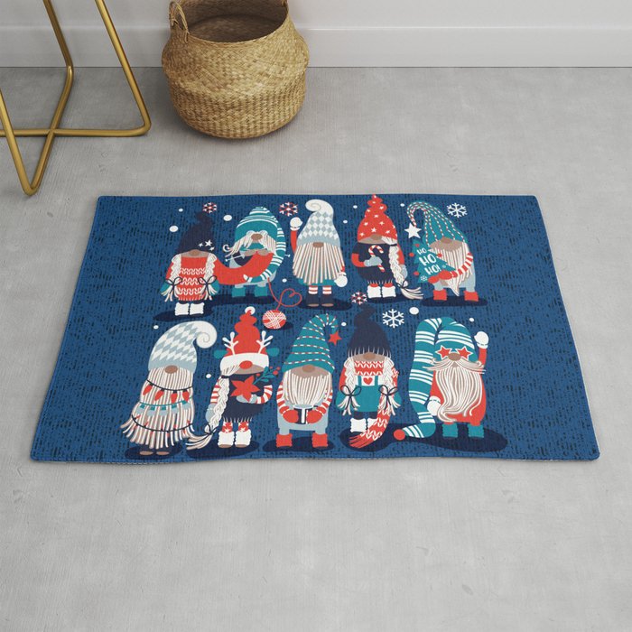 Let it gnome // blue background little Santa's helpers preparing for Christmas neon red classic oxford and pastel blue dressed gnomes Rug Gallery Image 1