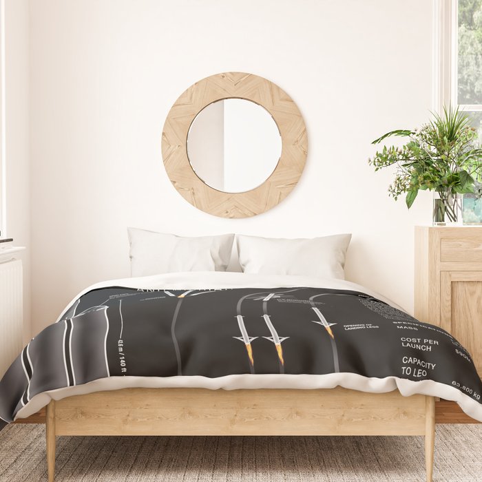 SpaceX Falcon Heavy Spacecraft NASA Rocket Blueprint in High Resolution (all black) Duvet Cover Gallery Image 3