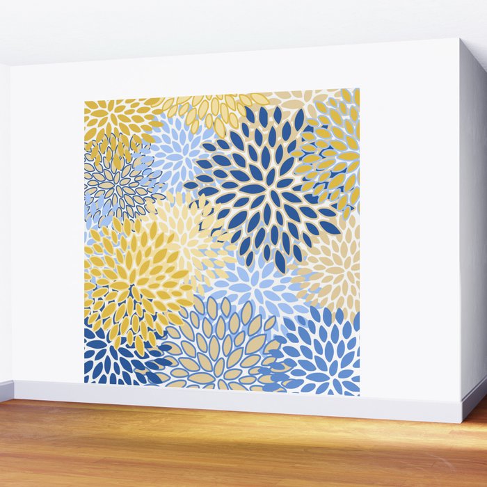 Modern, Floral Prints, Summer, Yellow and Blue Wall Mural Gallery Image 2