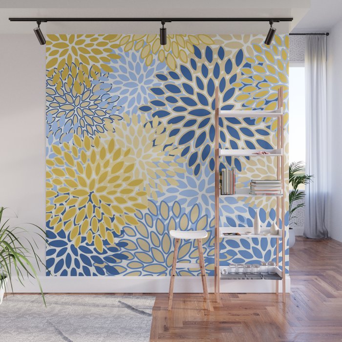Modern, Floral Prints, Summer, Yellow and Blue Wall Mural Gallery Image 1