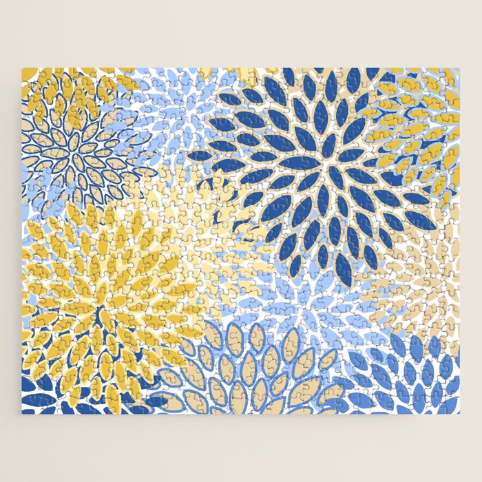 Modern, Floral Prints, Summer, Yellow and Blue Jigsaw Puzzle Gallery Image 1