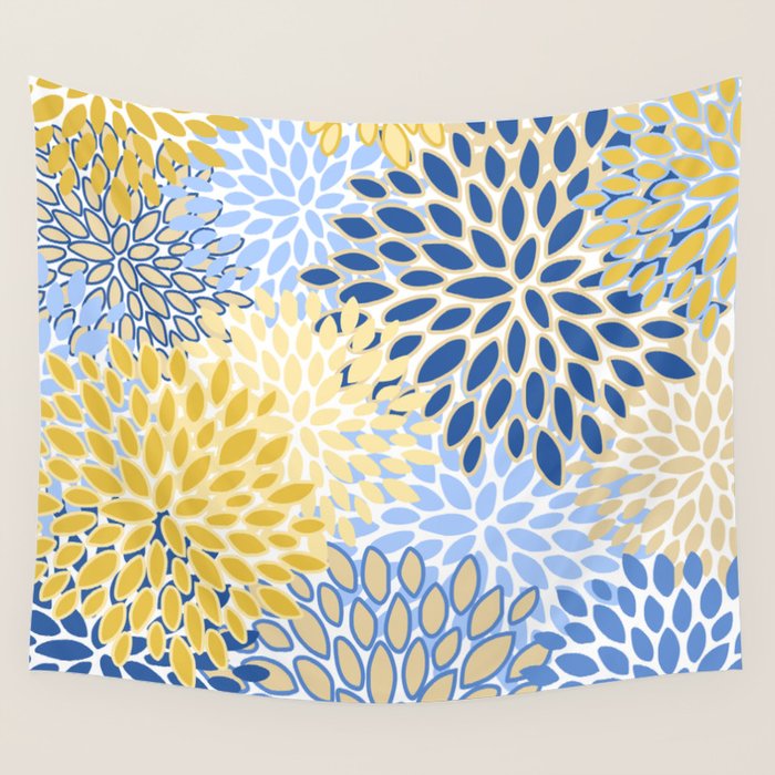 Modern, Floral Prints, Summer, Yellow and Blue Wall Tapestry Gallery Image 1