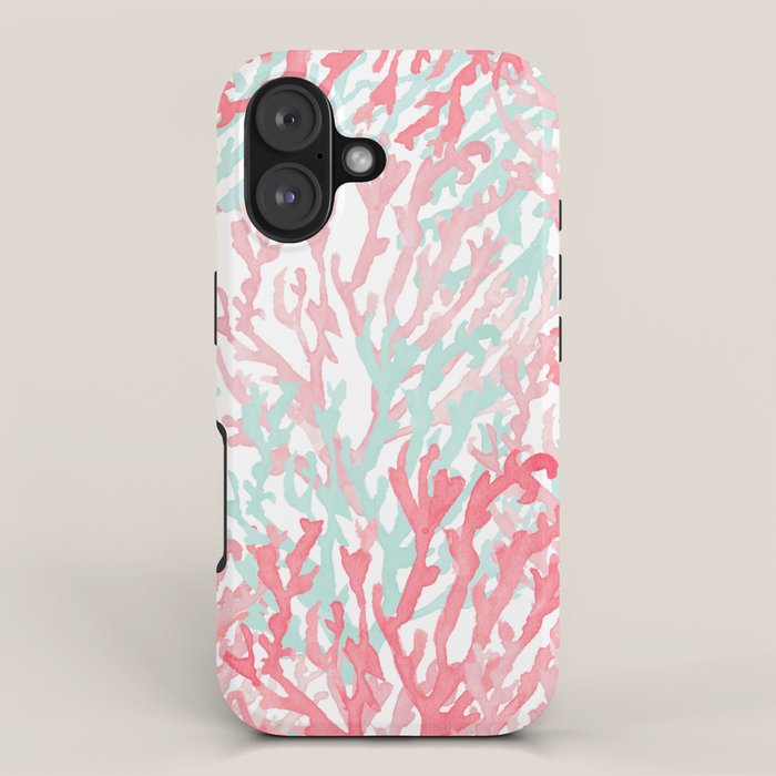 Modern hand painted coral pink teal reef coral floral iPhone Case Gallery Image 1