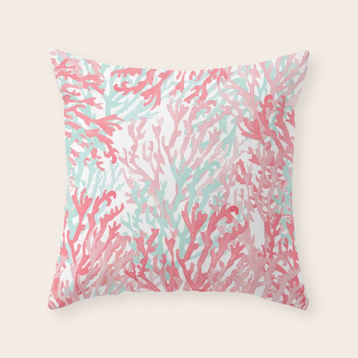 Modern hand painted coral pink teal reef coral floral Throw Pillow Gallery Image 6