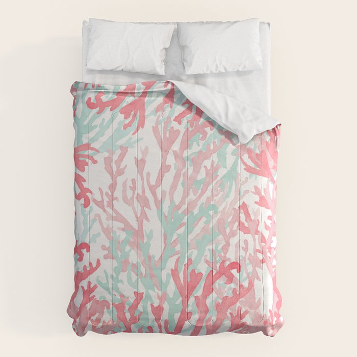 Modern hand painted coral pink teal reef coral floral Comforter Gallery Image 6