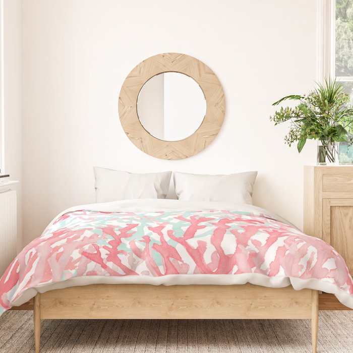 Modern hand painted coral pink teal reef coral floral Duvet Cover Gallery Image 3
