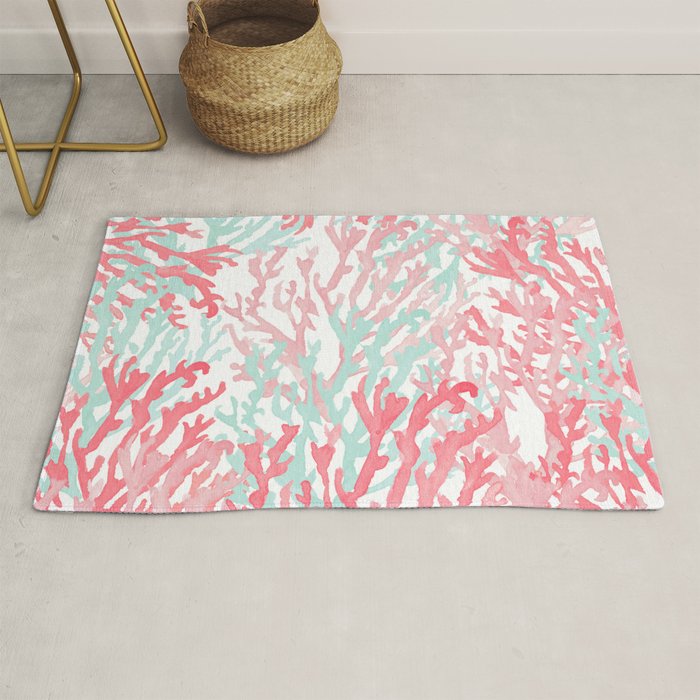 Modern hand painted coral pink teal reef coral floral Rug Gallery Image 1