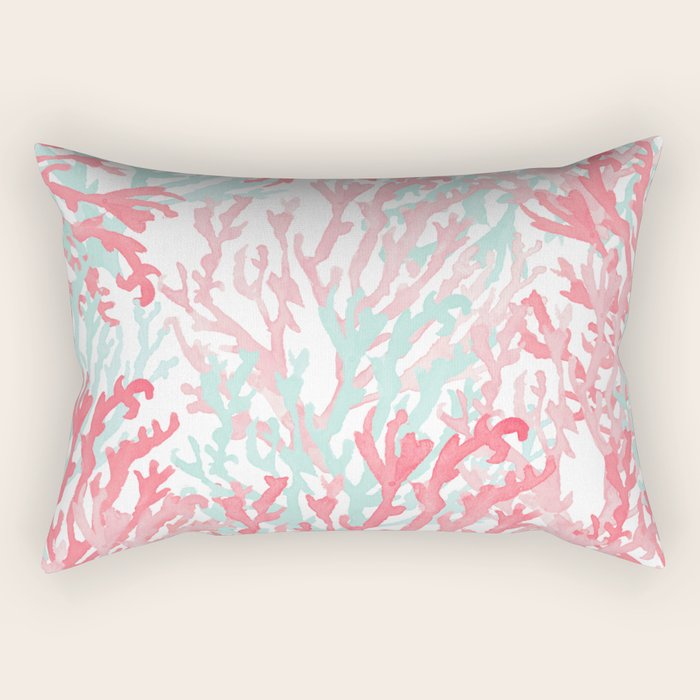 Modern hand painted coral pink teal reef coral floral Rectangular Pillow Gallery Image 1