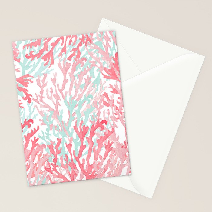 Modern hand painted coral pink teal reef coral floral Stationery Card Gallery Image 2