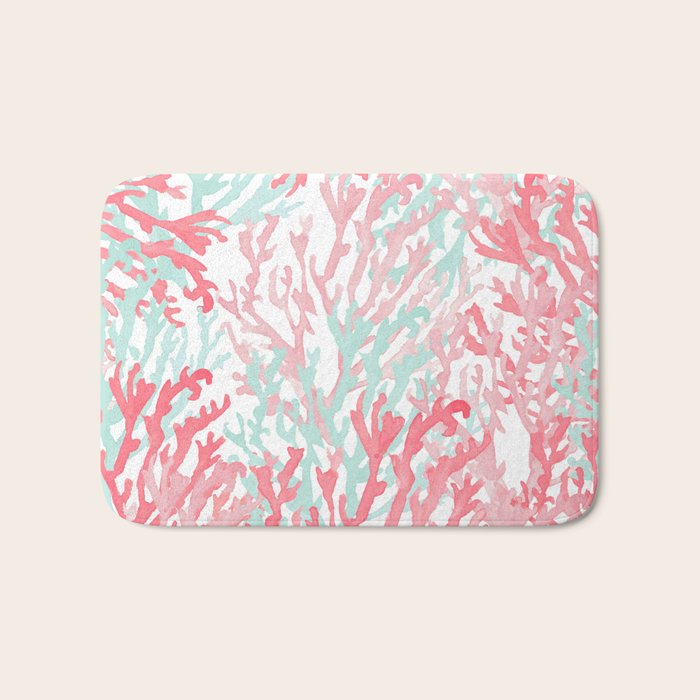 Modern hand painted coral pink teal reef coral floral Bath Mat Gallery Image 1