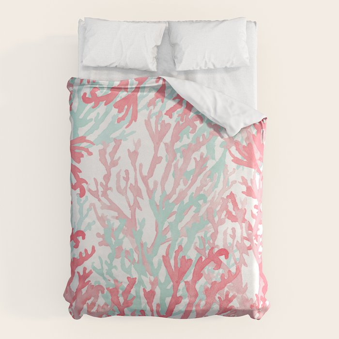 Modern hand painted coral pink teal reef coral floral Duvet Cover Gallery Image 6
