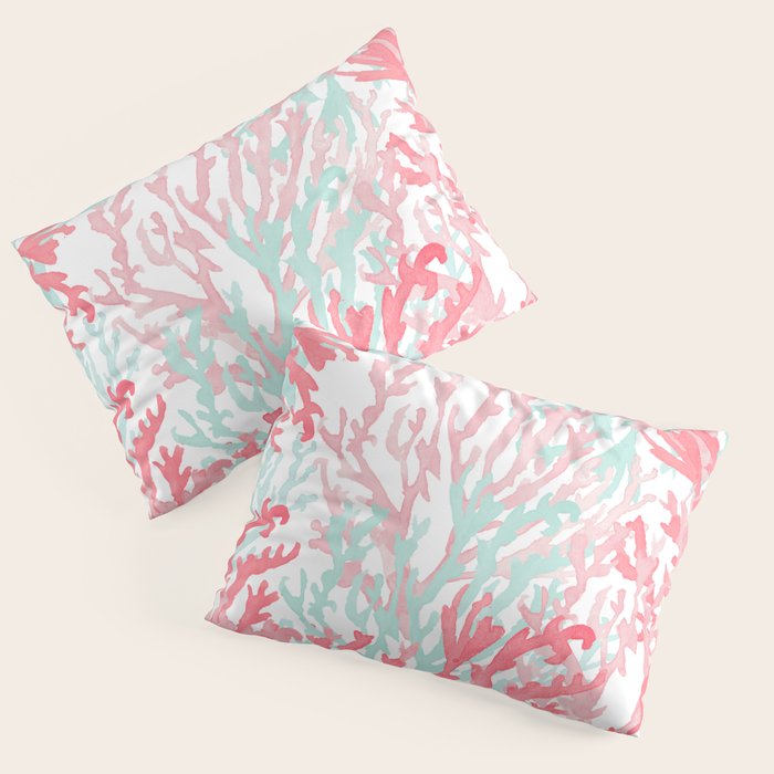 Modern hand painted coral pink teal reef coral floral Pillow Sham Gallery Image 1