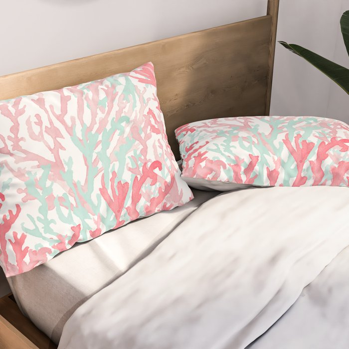 Modern hand painted coral pink teal reef coral floral Pillow Sham Gallery Image 2