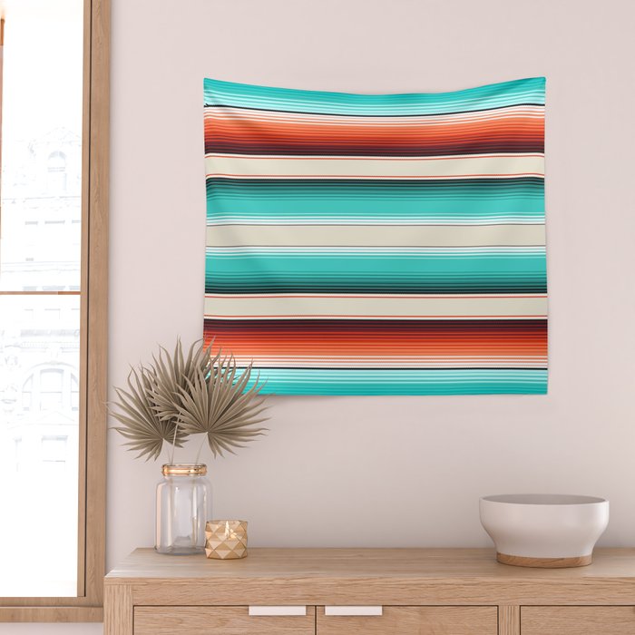 Navajo White, Turquoise and Burnt Orange Southwest Serape Blanket Stripes Wall Tapestry Gallery Image 2