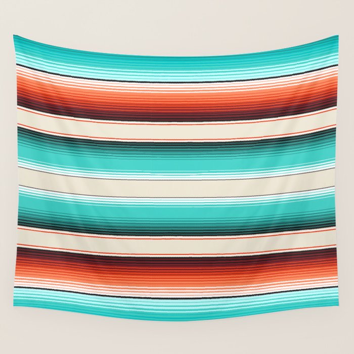 Navajo White, Turquoise and Burnt Orange Southwest Serape Blanket Stripes Wall Tapestry Gallery Image 4