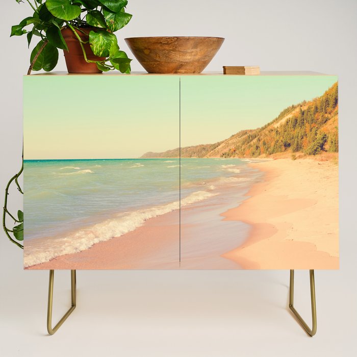 Her Mind Wandered Back and Forth With the Waves - michigan beach nature photograph Credenza Gallery Image 1