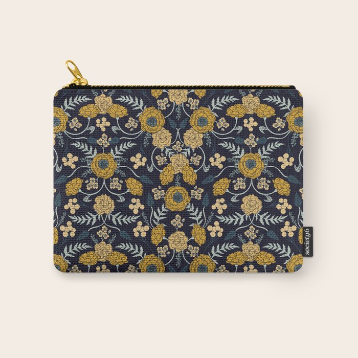 Navy Blue, Turquoise, Cream & Mustard Yellow Dark Floral Pattern Carry All Pouch Gallery Image 1