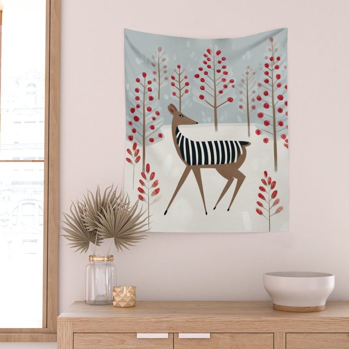 Deer In the Snowy Forest Wall Tapestry Gallery Image 2