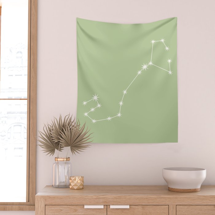 Scorpio Zodiac Star Constellation Line Art Soft Green Wall Tapestry Gallery Image 2