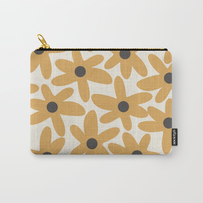 Daisy Time Retro Floral Pattern in Muted Mustard Gold, Charcoal Grey, and Cream Carry All Pouch Gallery Image 1