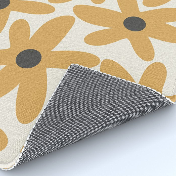 Daisy Time Retro Floral Pattern in Muted Mustard Gold, Charcoal Grey, and Cream Rug Gallery Image 4