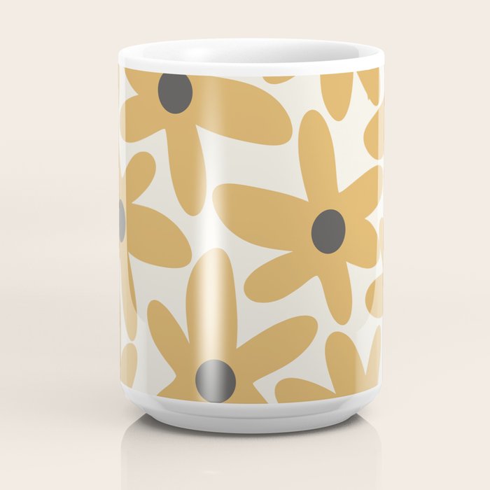 Daisy Time Retro Floral Pattern in Muted Mustard Gold, Charcoal Grey, and Cream Coffee Mug Gallery Image 4