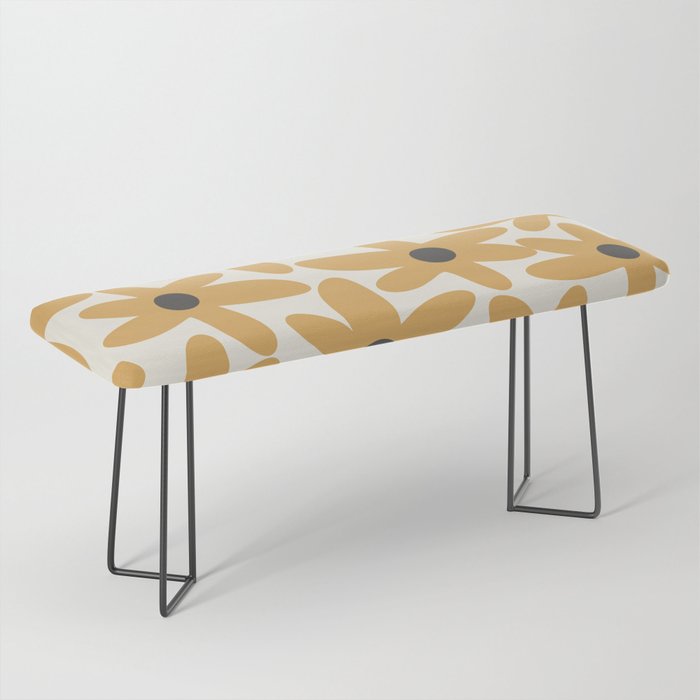 Daisy Time Retro Floral Pattern in Muted Mustard Gold, Charcoal Grey, and Cream Bench Gallery Image 1