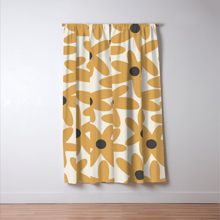 Daisy Time Retro Floral Pattern in Muted Mustard Gold, Charcoal Grey, and Cream Window Curtain Gallery Image 3