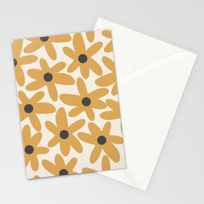 Daisy Time Retro Floral Pattern in Muted Mustard Gold, Charcoal Grey, and Cream Stationery Card Gallery Image 2