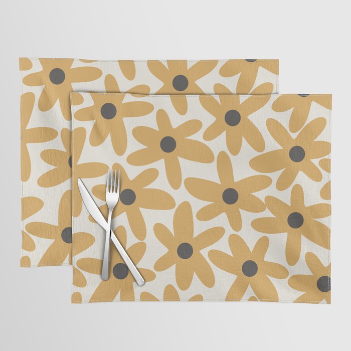 Daisy Time Retro Floral Pattern in Muted Mustard Gold, Charcoal Grey, and Cream Placemat Gallery Image 1