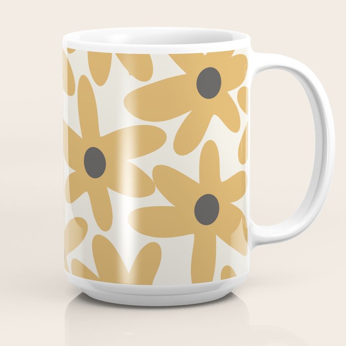 Daisy Time Retro Floral Pattern in Muted Mustard Gold, Charcoal Grey, and Cream Coffee Mug Gallery Image 2