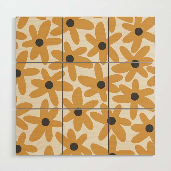 Daisy Time Retro Floral Pattern in Muted Mustard Gold, Charcoal Grey, and Cream Wood Wall Art Gallery Image 1