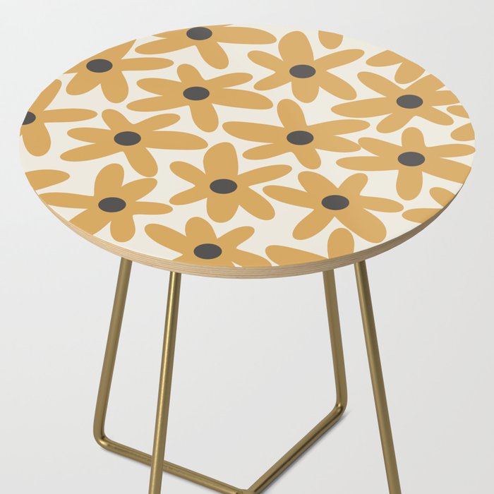 Daisy Time Retro Floral Pattern in Muted Mustard Gold, Charcoal Grey, and Cream Side Table Gallery Image 2