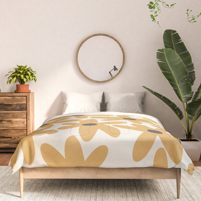 Daisy Time Retro Floral Pattern in Muted Mustard Gold, Charcoal Grey, and Cream Comforter Gallery Image 3