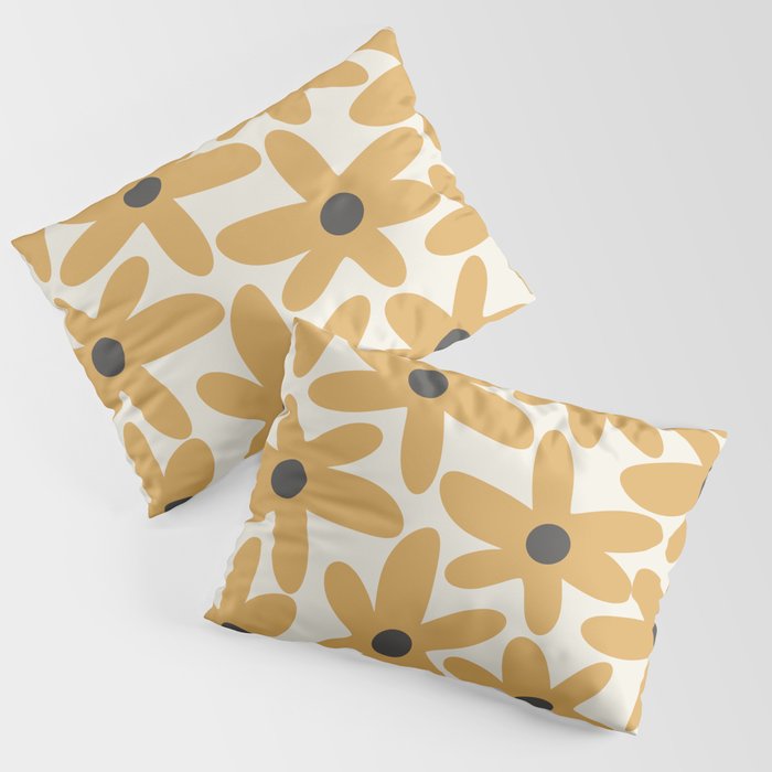 Daisy Time Retro Floral Pattern in Muted Mustard Gold, Charcoal Grey, and Cream Pillow Sham Gallery Image 3