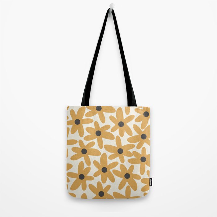Daisy Time Retro Floral Pattern in Muted Mustard Gold, Charcoal Grey, and Cream Tote Bag Gallery Image 2